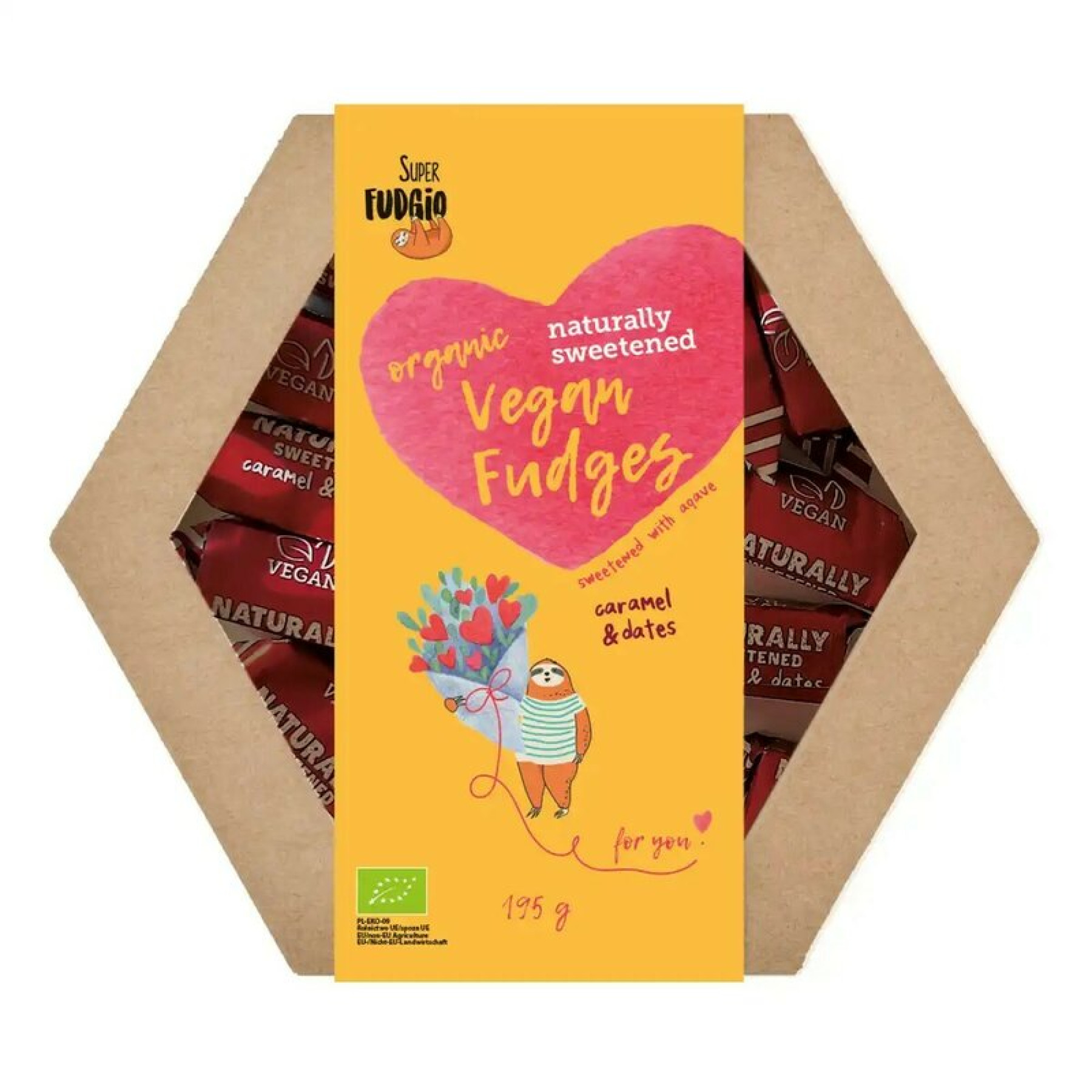 Cutie cadou cu caramele - aroma caramel si curmale bio 195g Super Fudgio