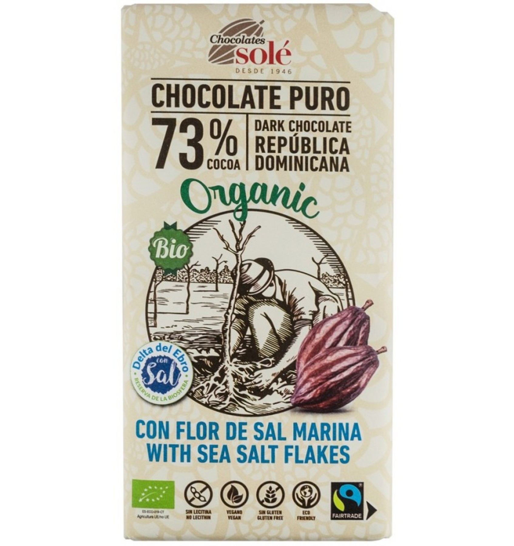 Ciocolata neagra bio si fairtrade 73% cacao cu Fleur de Sel, 100 g Chocolates