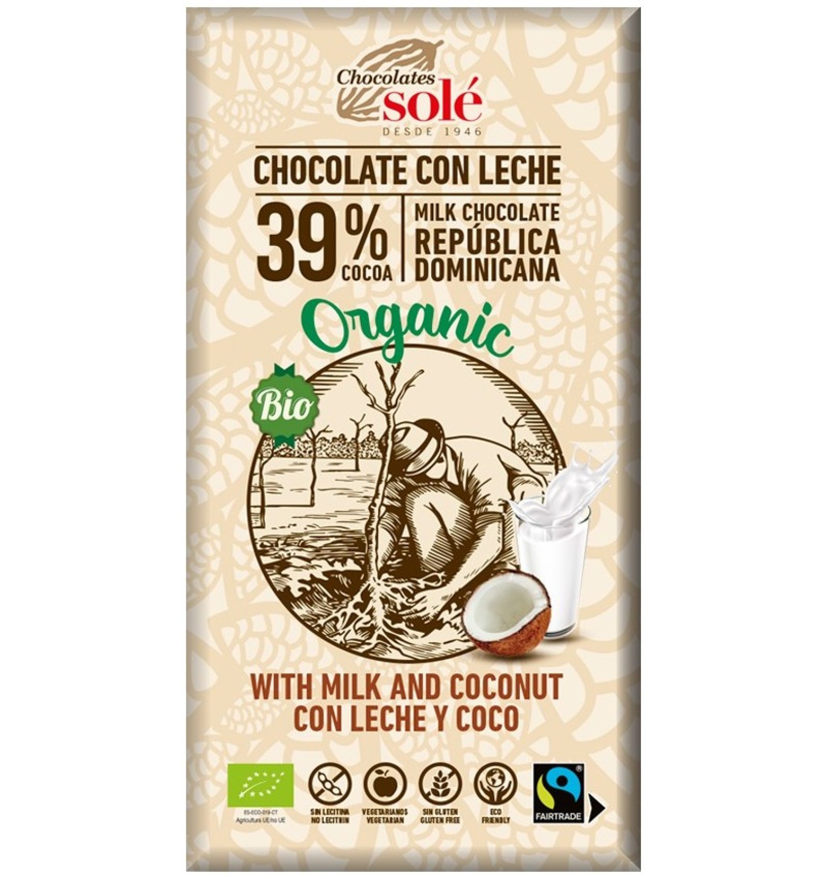 Ciocolata cu lapte si cocos bio si fairtrade, 100g chocolates
