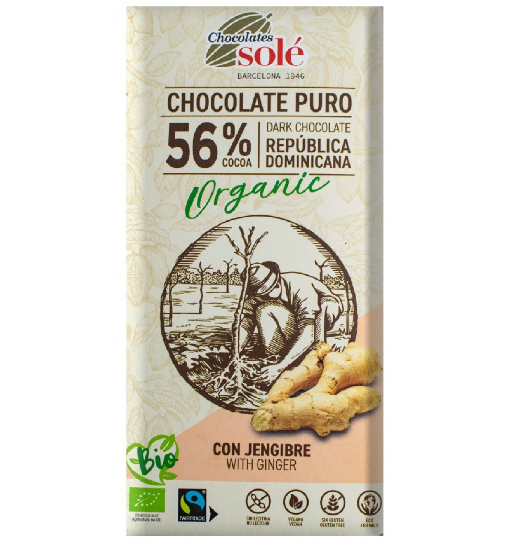 Ciocolata neagra bio cu ghimbir, 56% cacao, 100g chocolates