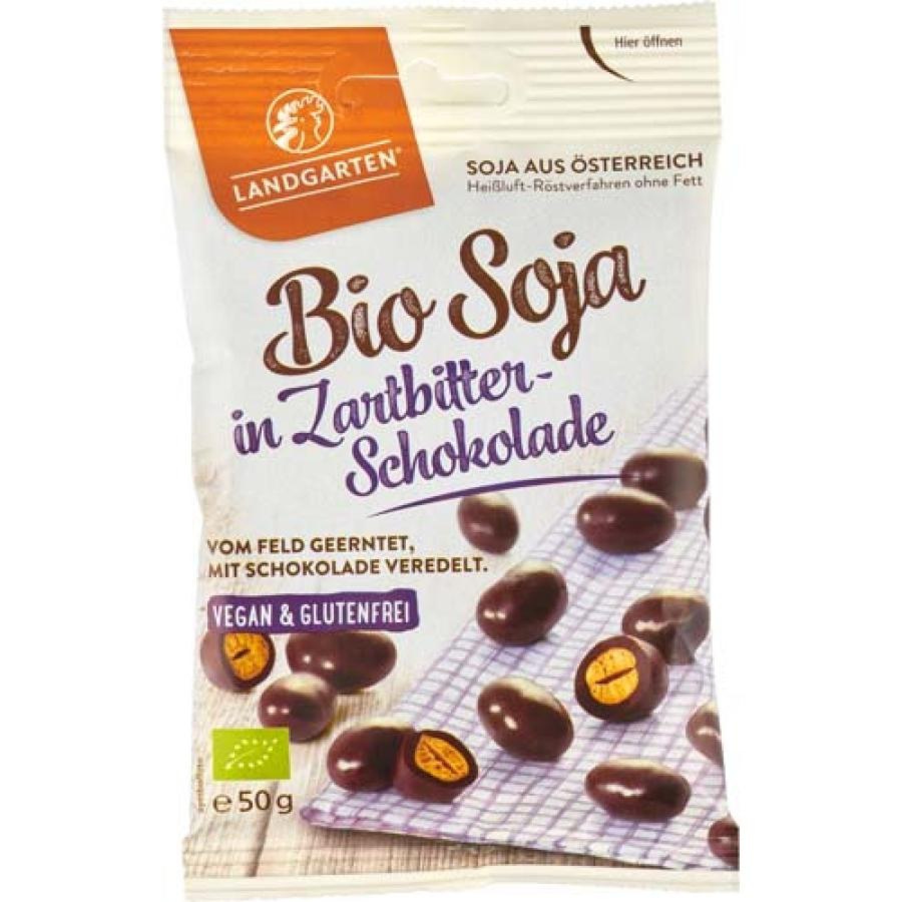 Boabe de soia invelite in ciocolata amaruie fara gluten, eco - 50 g