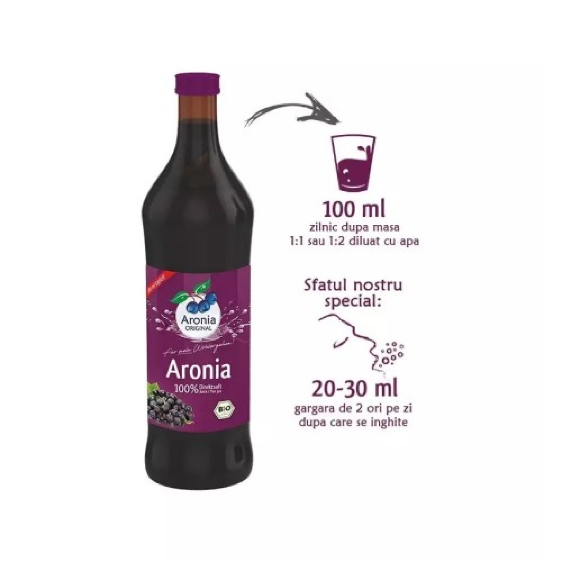 Suc bio pur de aronia, 100% suc, 700ml Aronia