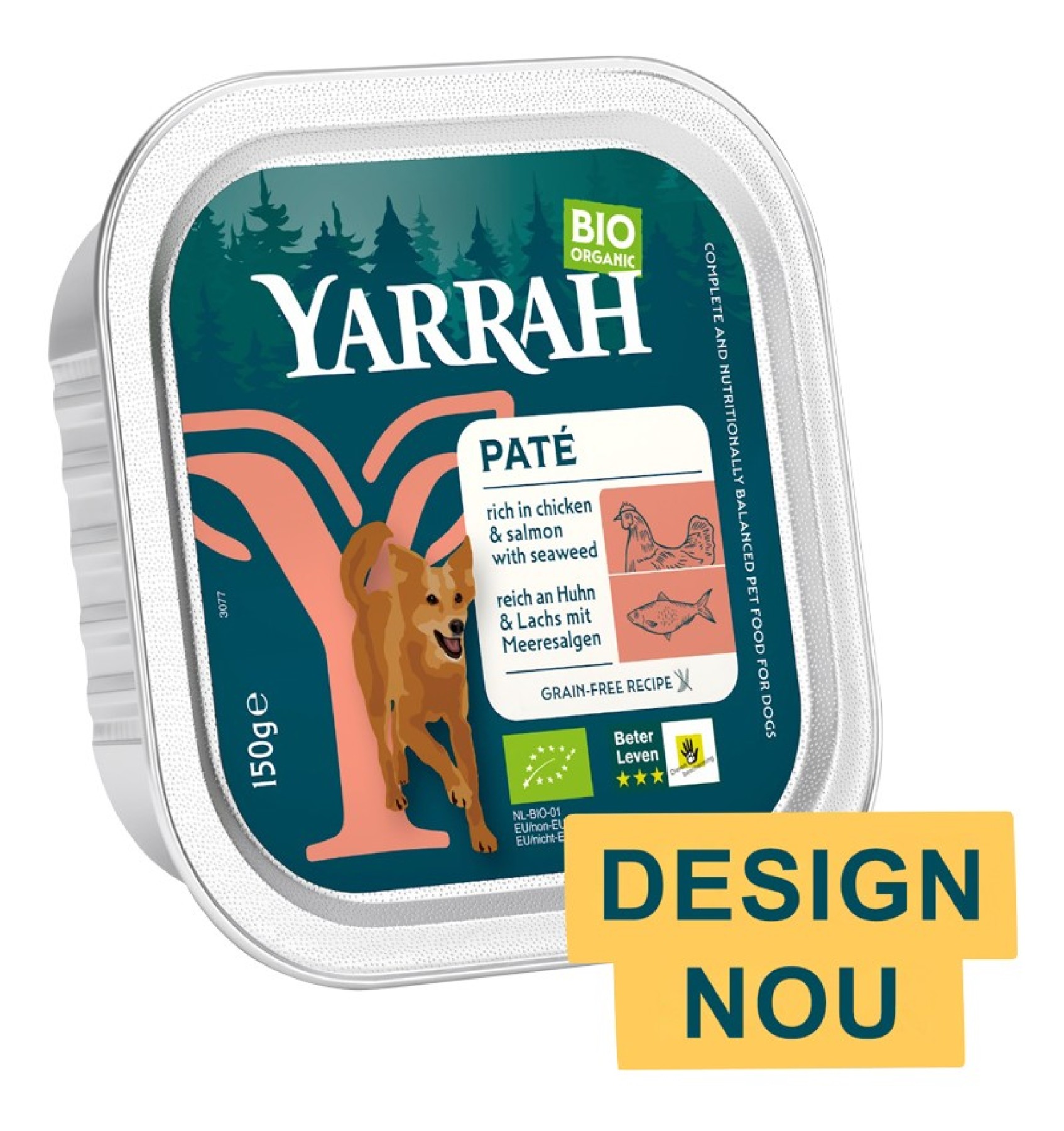 Hrana umedă bio pentru câini, bucăți de carne de pui și somon, 150g