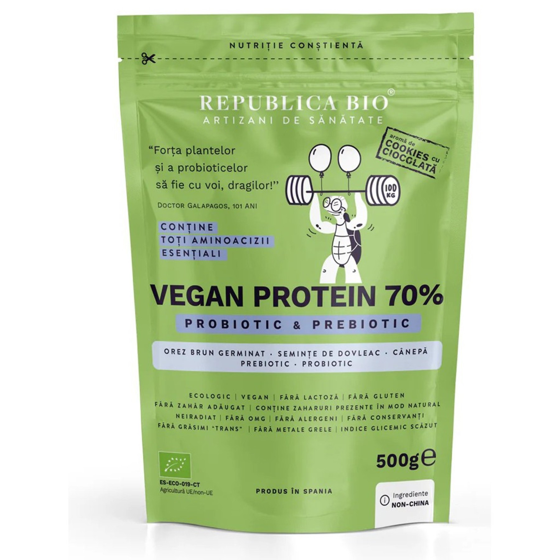 Vegan Protein 70%  Probiotic si Prebiotic gust de cookie, eco - 500 g