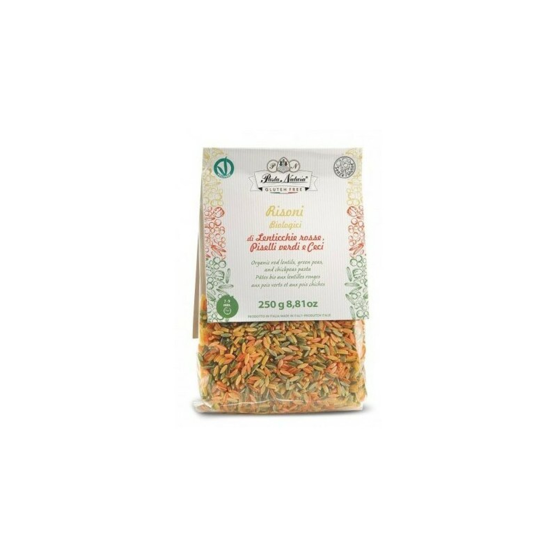 Paste Risoni tricolore cu mazare, linte si naut bio 250g Pasta Natura