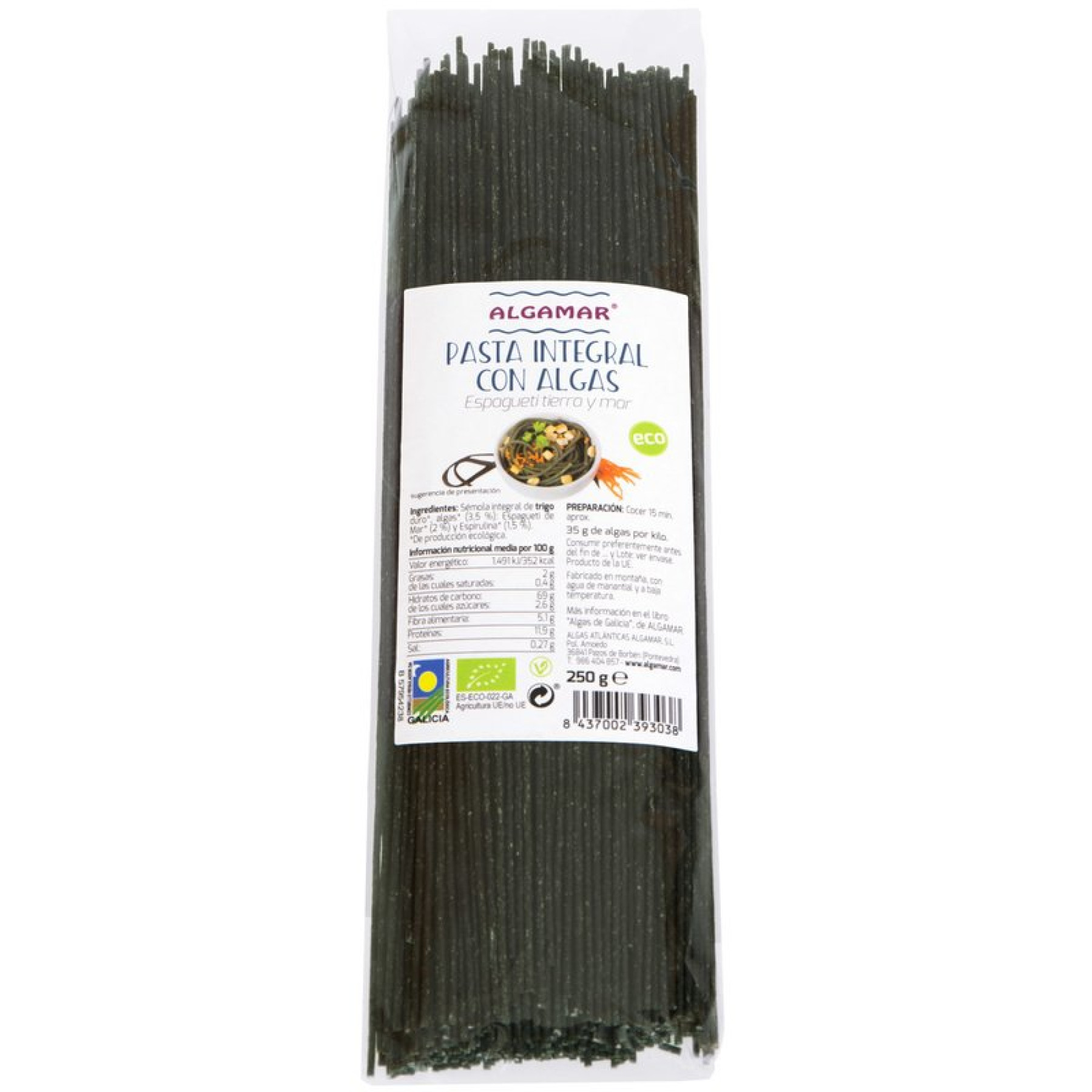 Spaghetti integrale din grau dur cu alge bio 250g Algamar