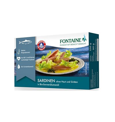 Fileuri de sardine fără oase, cu piele, in ulei bio de floarea soarelui, 120g