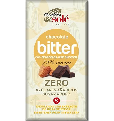 Ciocolata cu migdale indulcita cu stevie, minim 72% cacao, 100g Chocolates