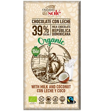 Ciocolata cu lapte si cocos bio si fairtrade, 100g chocolates