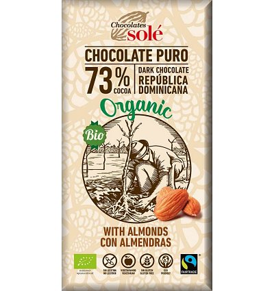 Ciocolata neagra bio 73% cacao, cu migdale, 150g chocolates